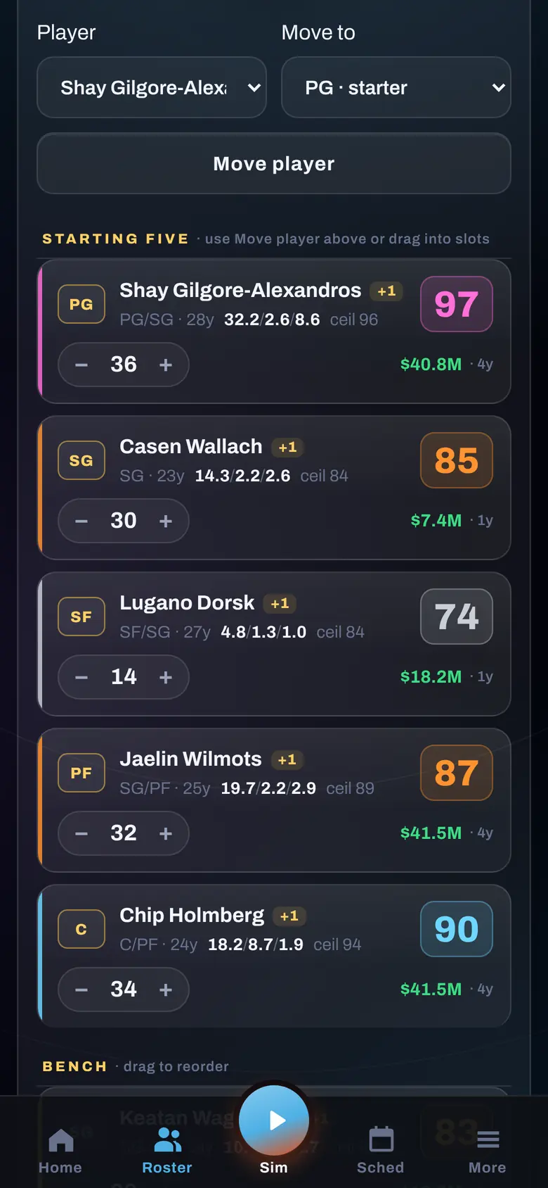 The roster screen on a phone